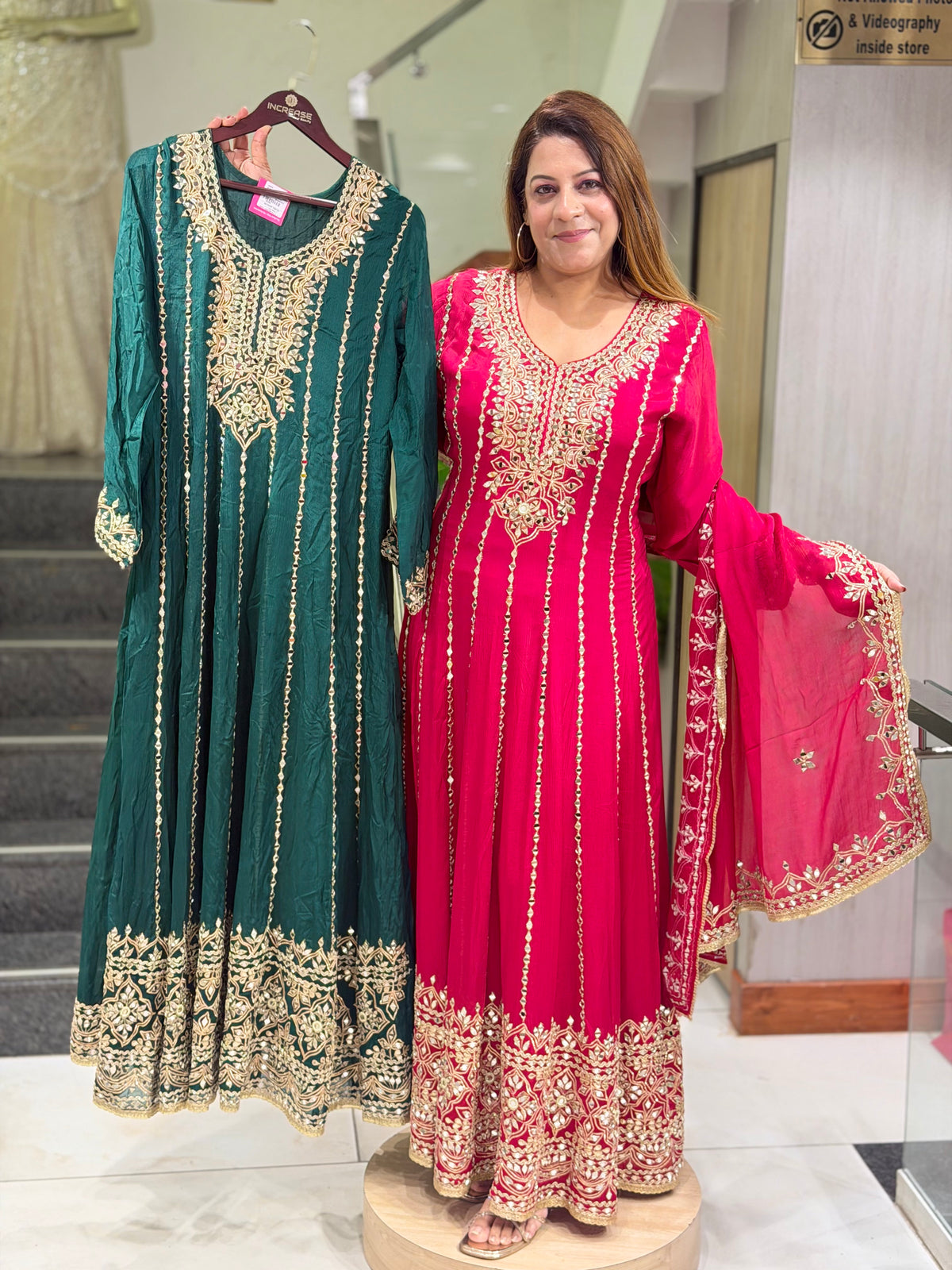 Zari & Mirror-Work Flared Anarkali Suit with Dupatta | Increase Fashion