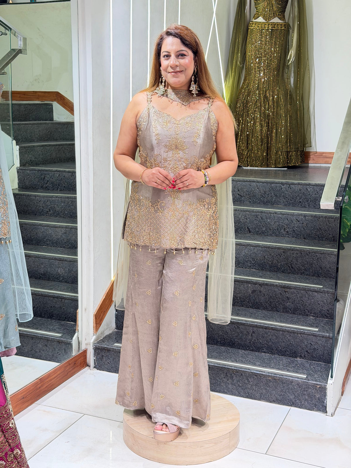 Taupe Silk Short Kurti with Gold Zari Embroidery, Wide-Leg Palazzo & Dupatta