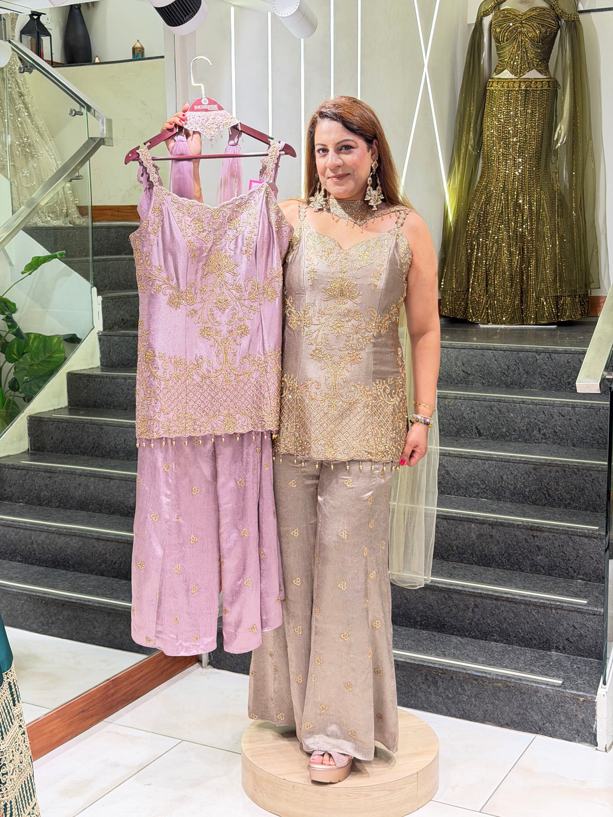 Taupe Silk Short Kurti with Gold Zari Embroidery, Wide-Leg Palazzo & Dupatta
