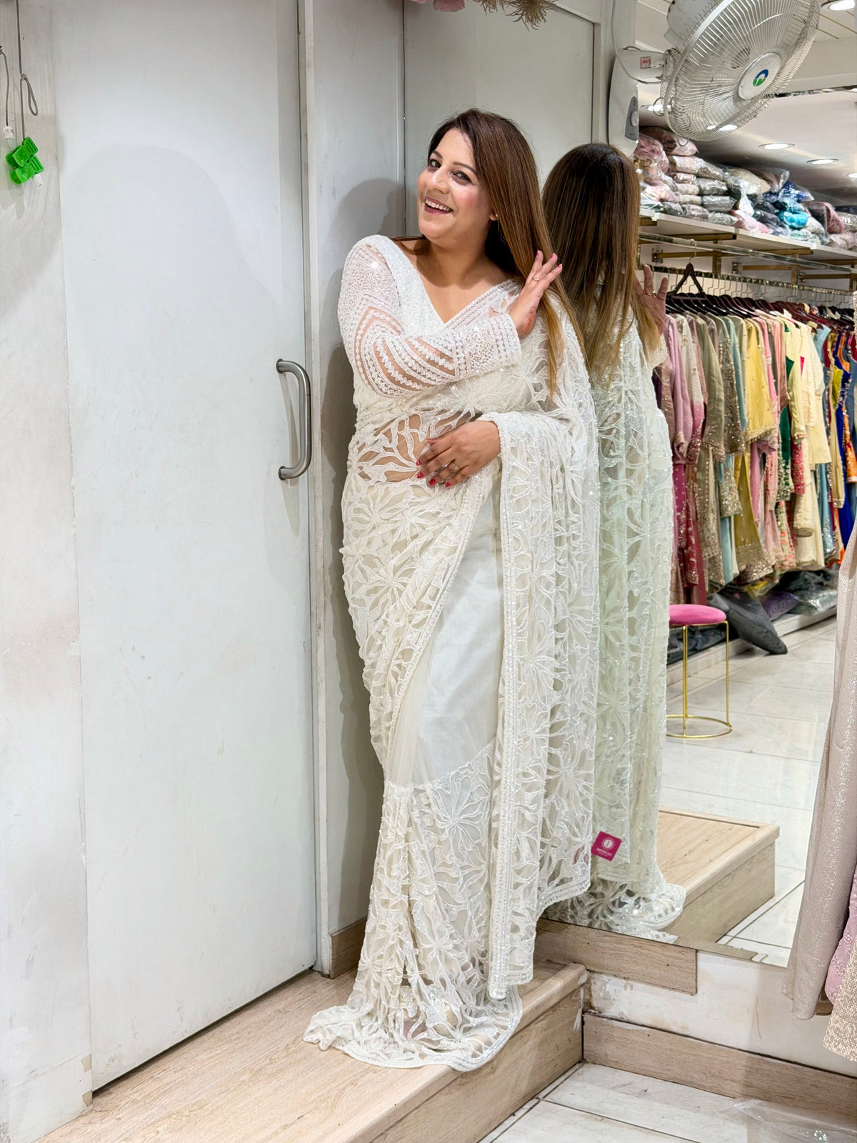 Off White Chikankari & Cutwork Embroidered Saree with Full Sleeve Blouse