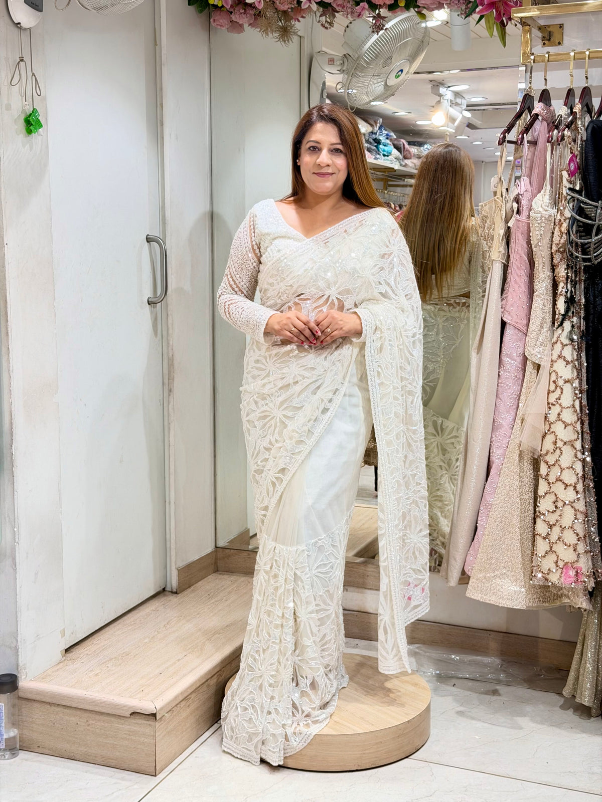 Off White Chikankari & Cutwork Embroidered Saree with Full Sleeve Blouse