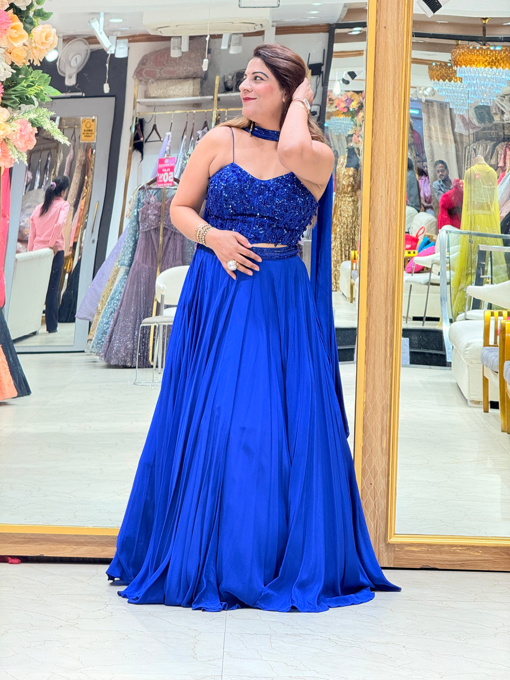 Royal Blue Cray Fabric Strap Prom Dress