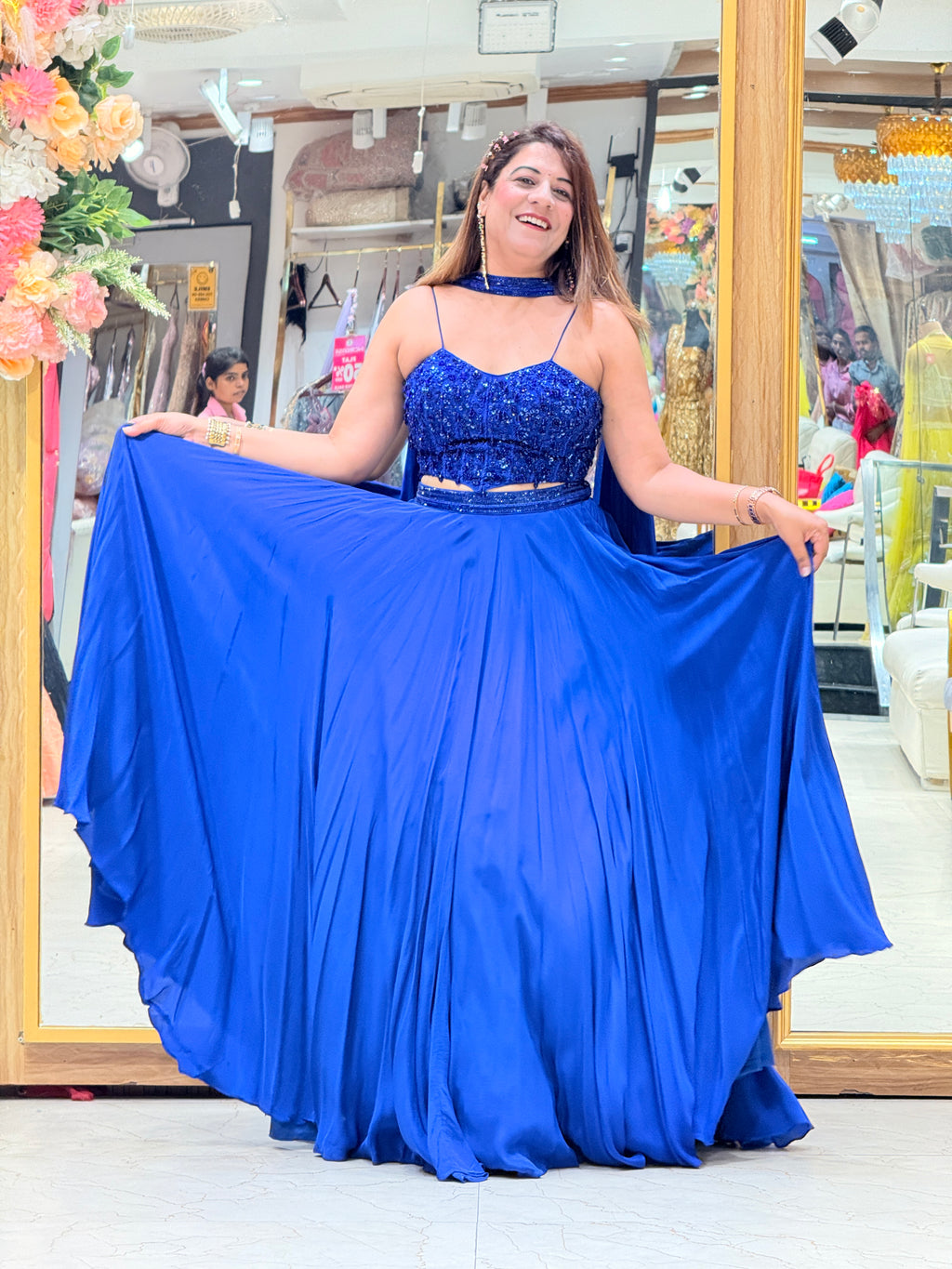 Royal Blue Cray Fabric Strap Prom Dress