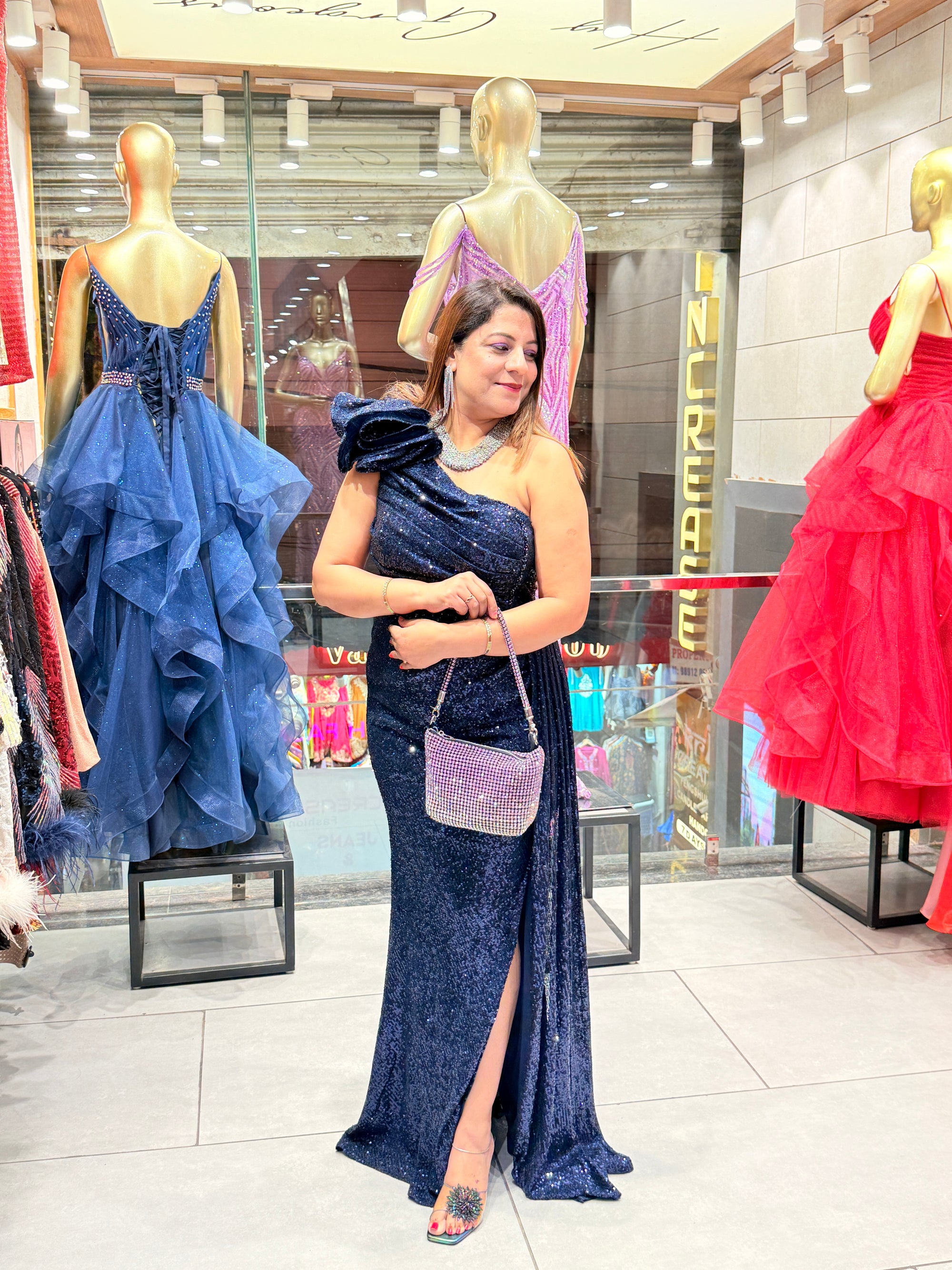 Elegant Navy Blue Sequin Gown