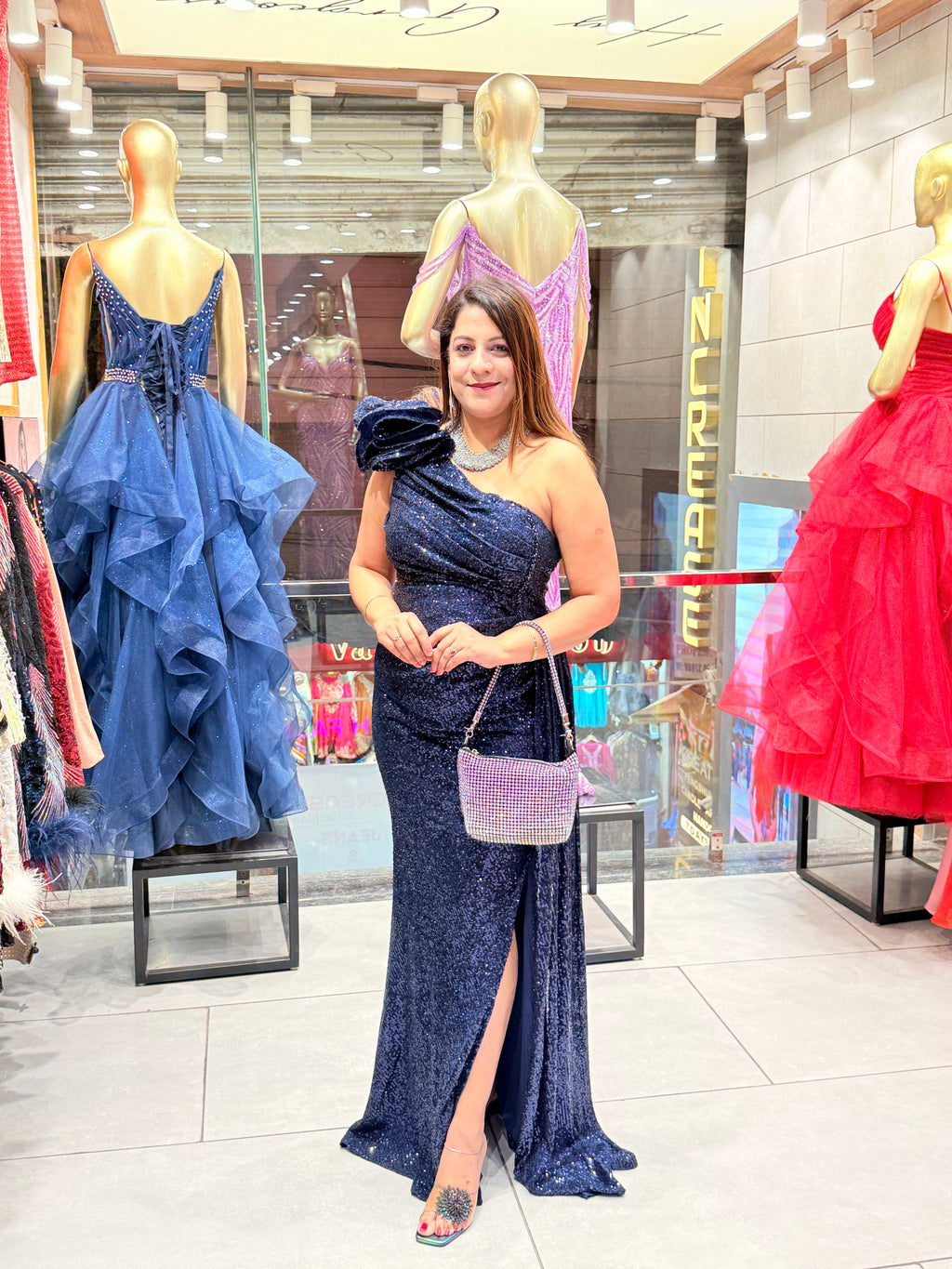 Elegant Navy Blue Sequin Gown