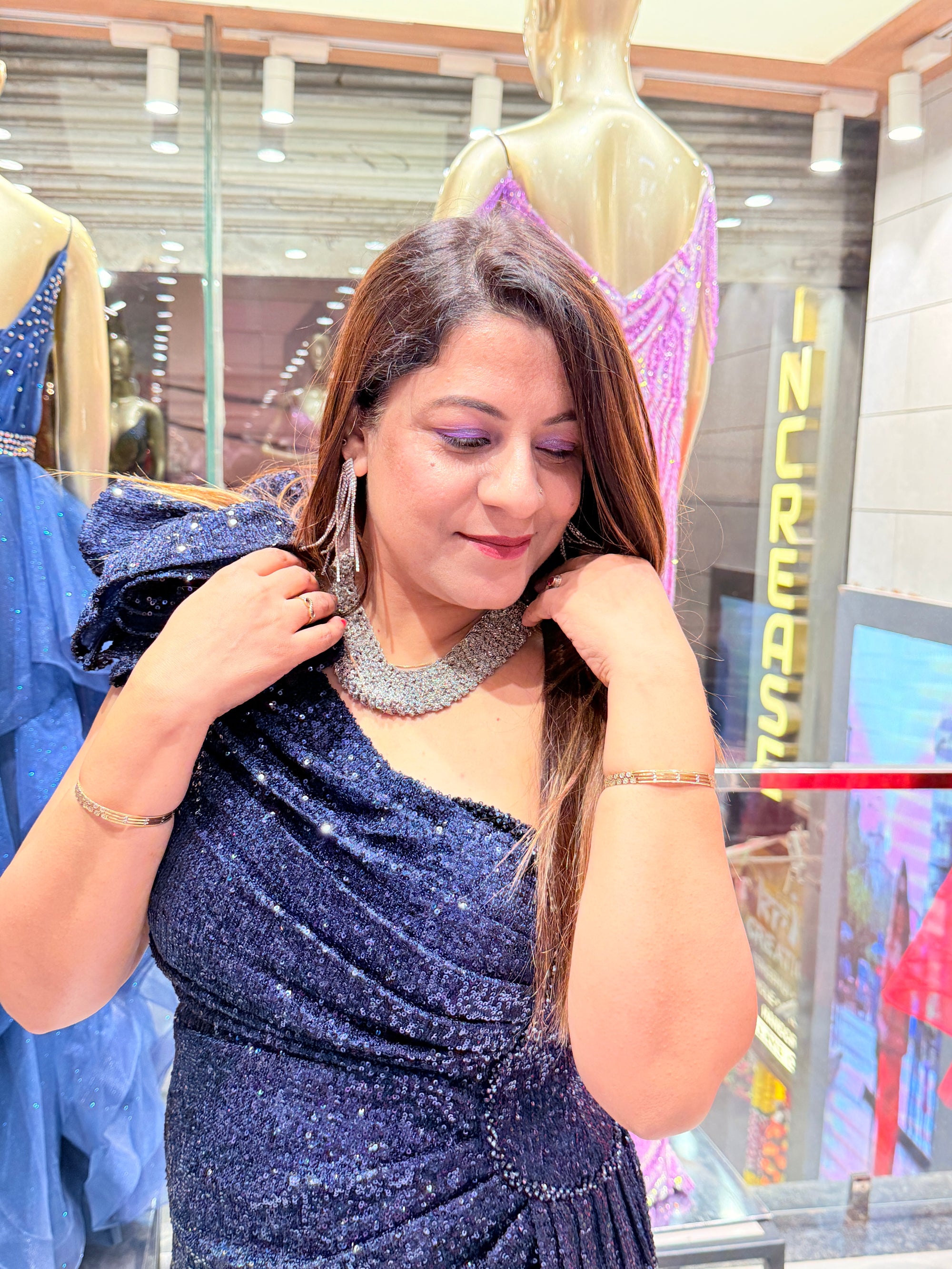 Elegant Navy Blue Sequin Gown