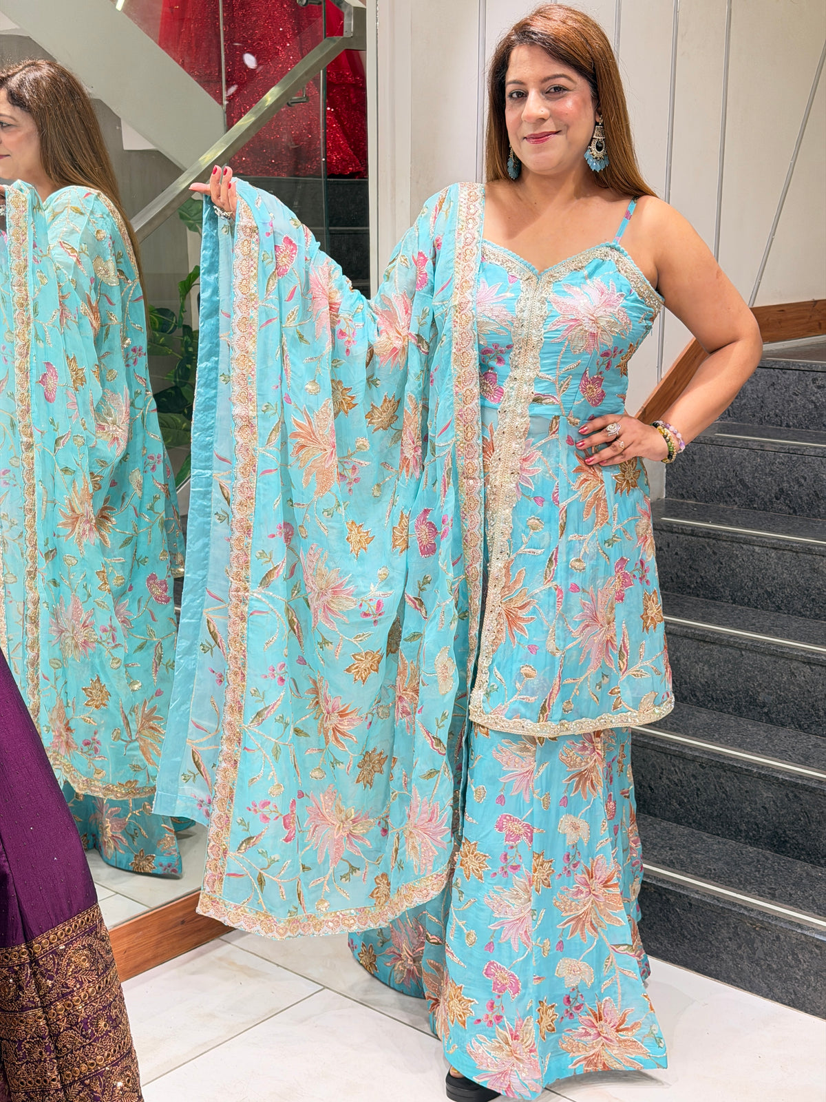 Sky Blue Floral Embroidered Sharara Set with Dupatta | Increase Fashion