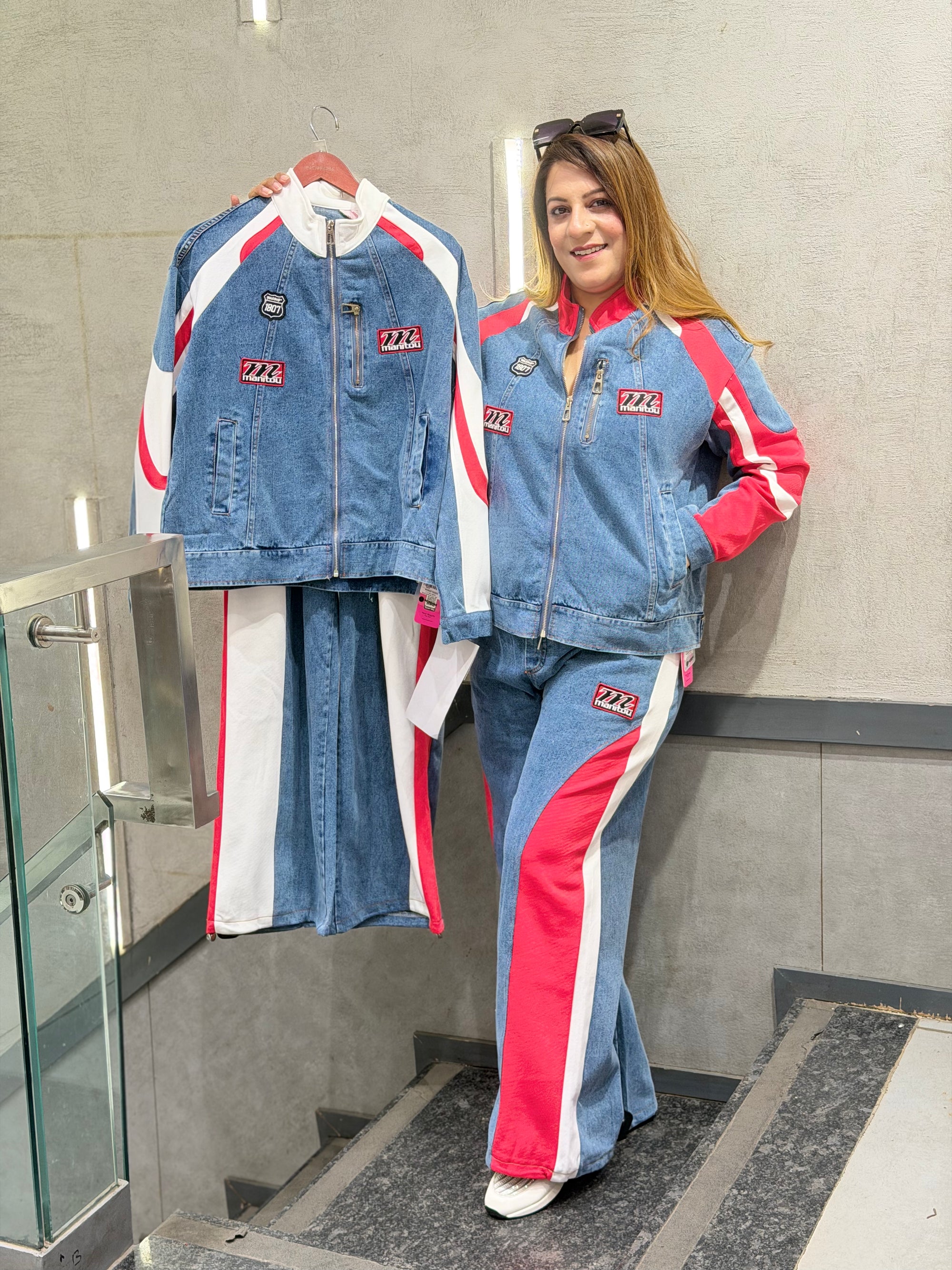 Two-Piece Colorblock Denim Tracksuit Set | Increase Fashion