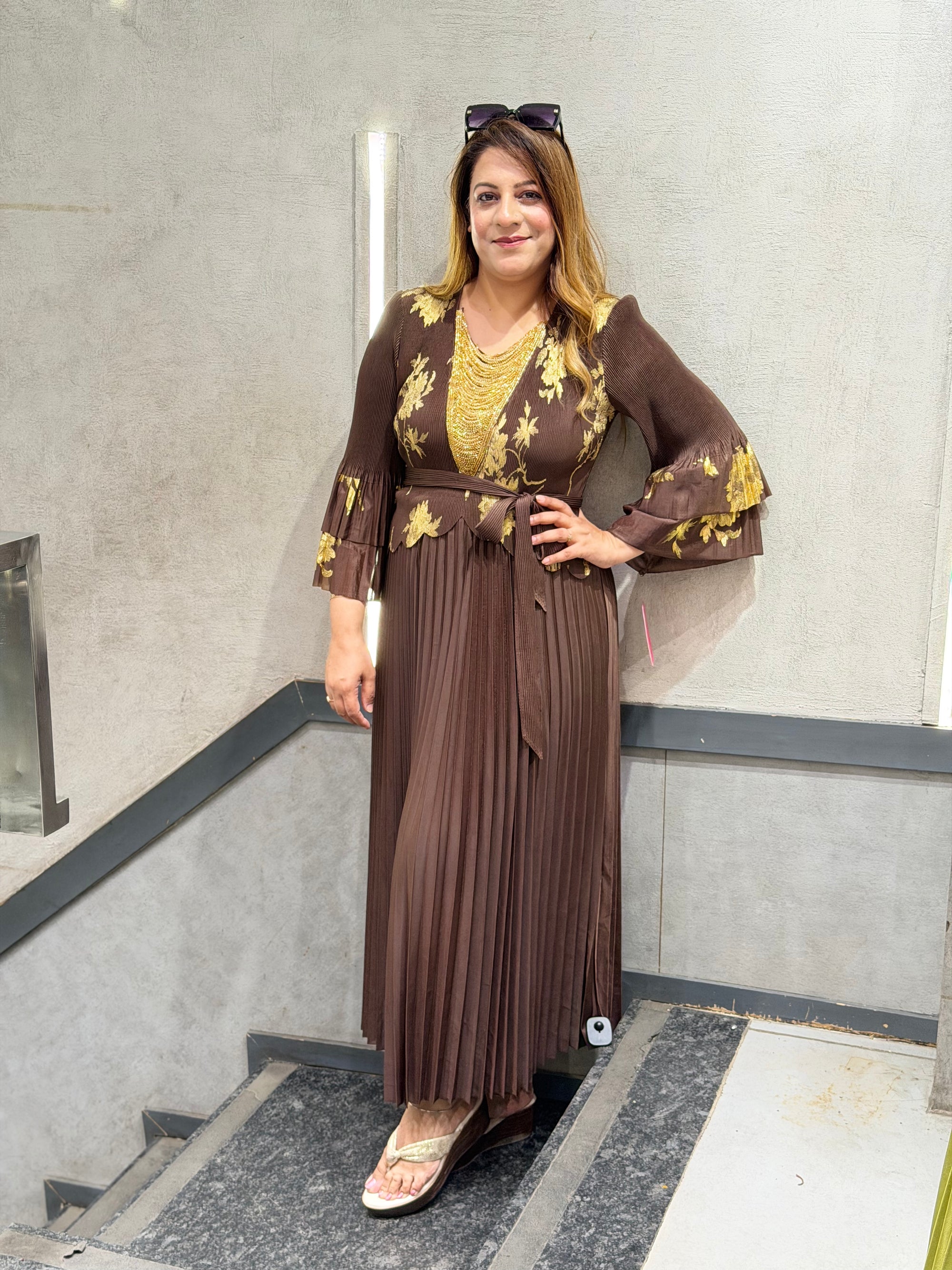 Gold Floral Embroidered Pleated Maxi Dress - Increase Fashion