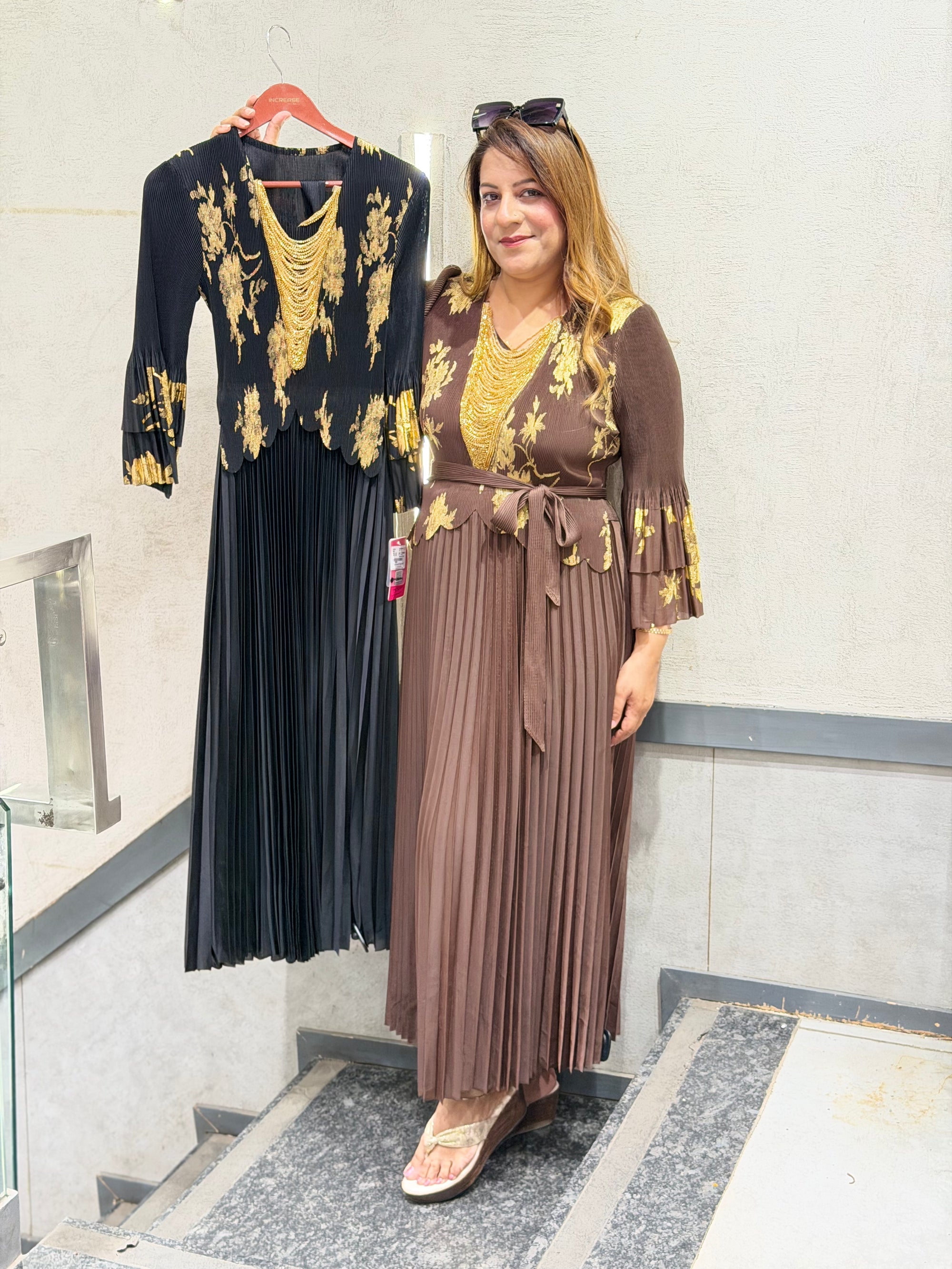 Gold Floral Embroidered Pleated Maxi Dress - Increase Fashion