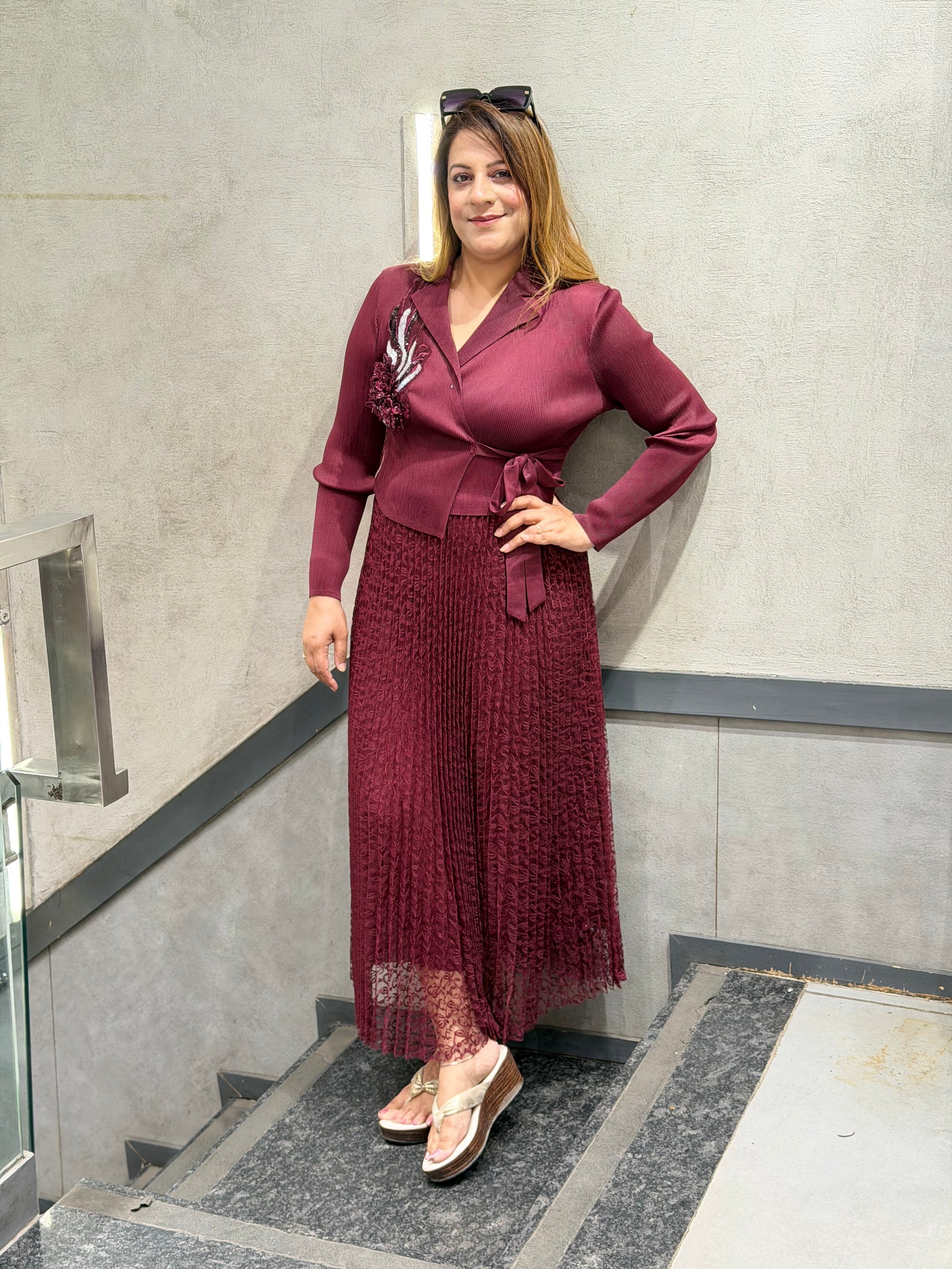Burgundy Wrap Top & Pleated Lace Skirt Set