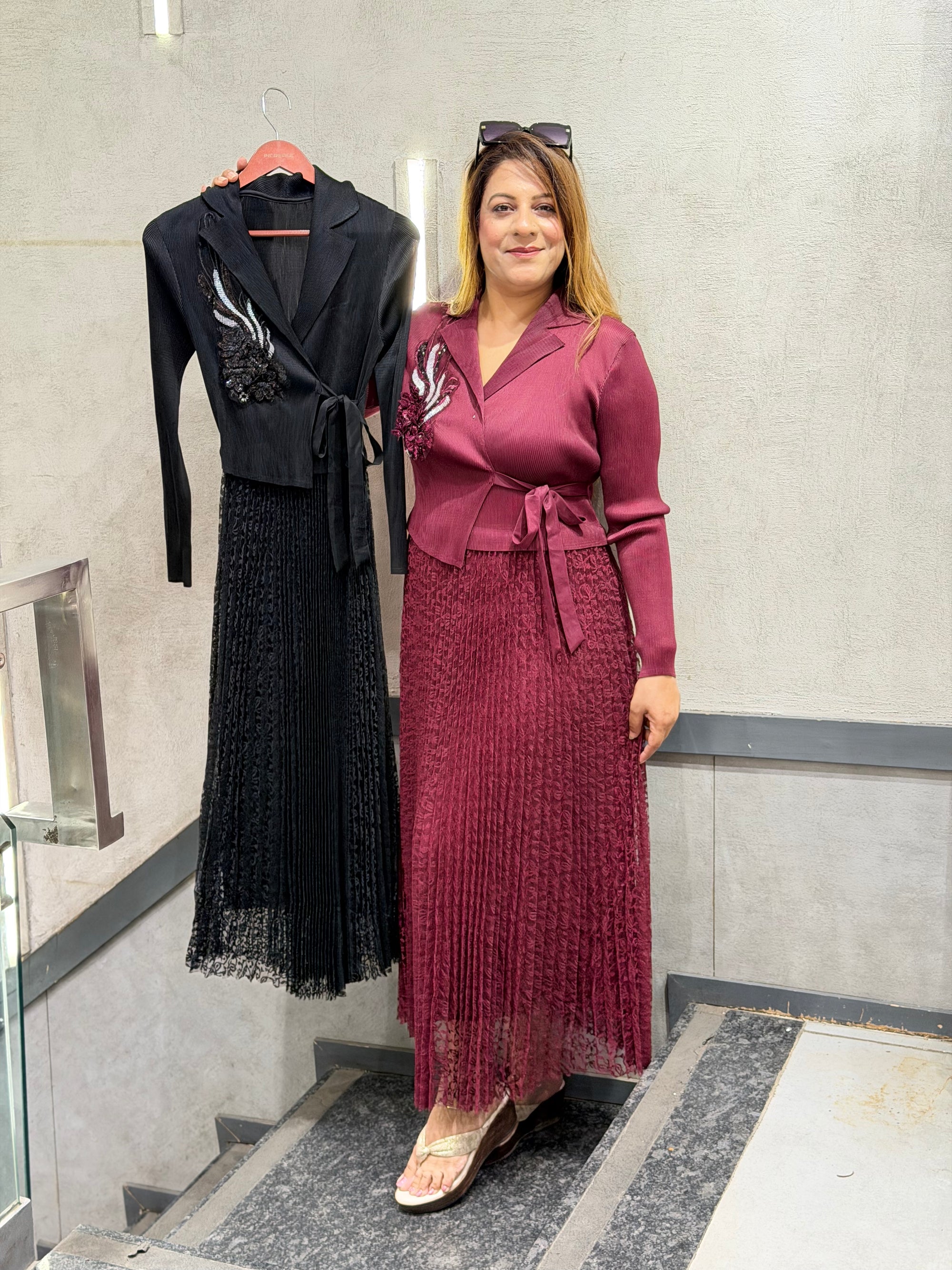 Burgundy Wrap Top & Pleated Lace Skirt Set
