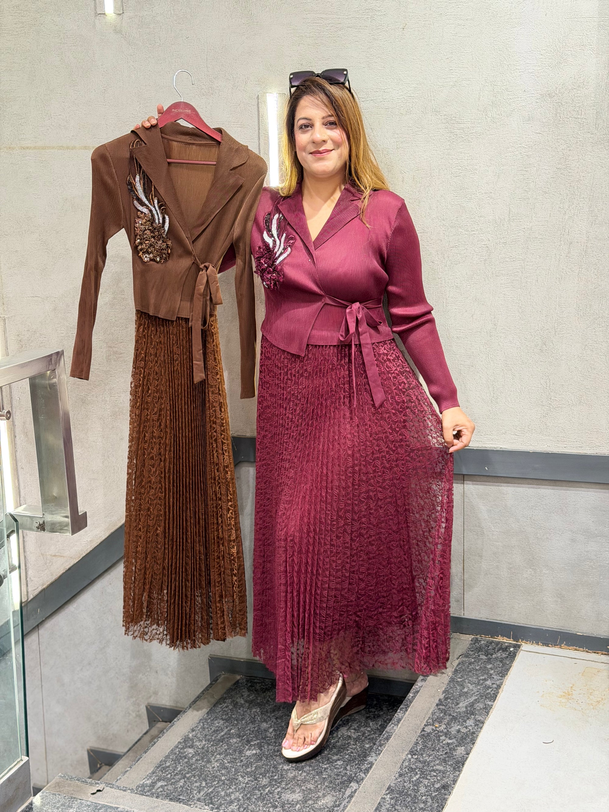 Burgundy Wrap Top & Pleated Lace Skirt Set