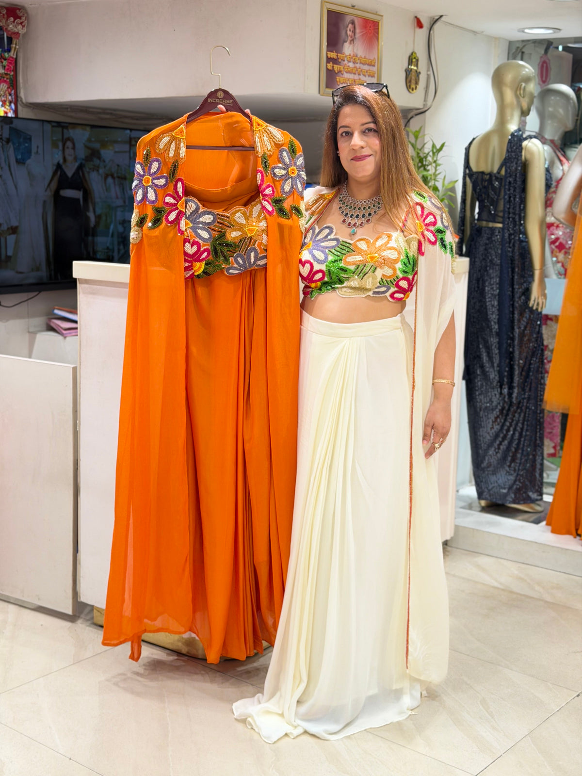 Ivory Floral Embroidered Cape Saree Set | Increase Fashion