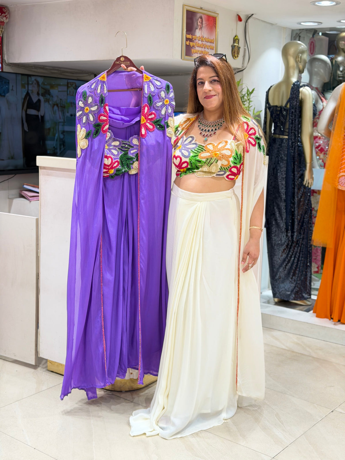 Ivory Floral Embroidered Cape Saree Set | Increase Fashion