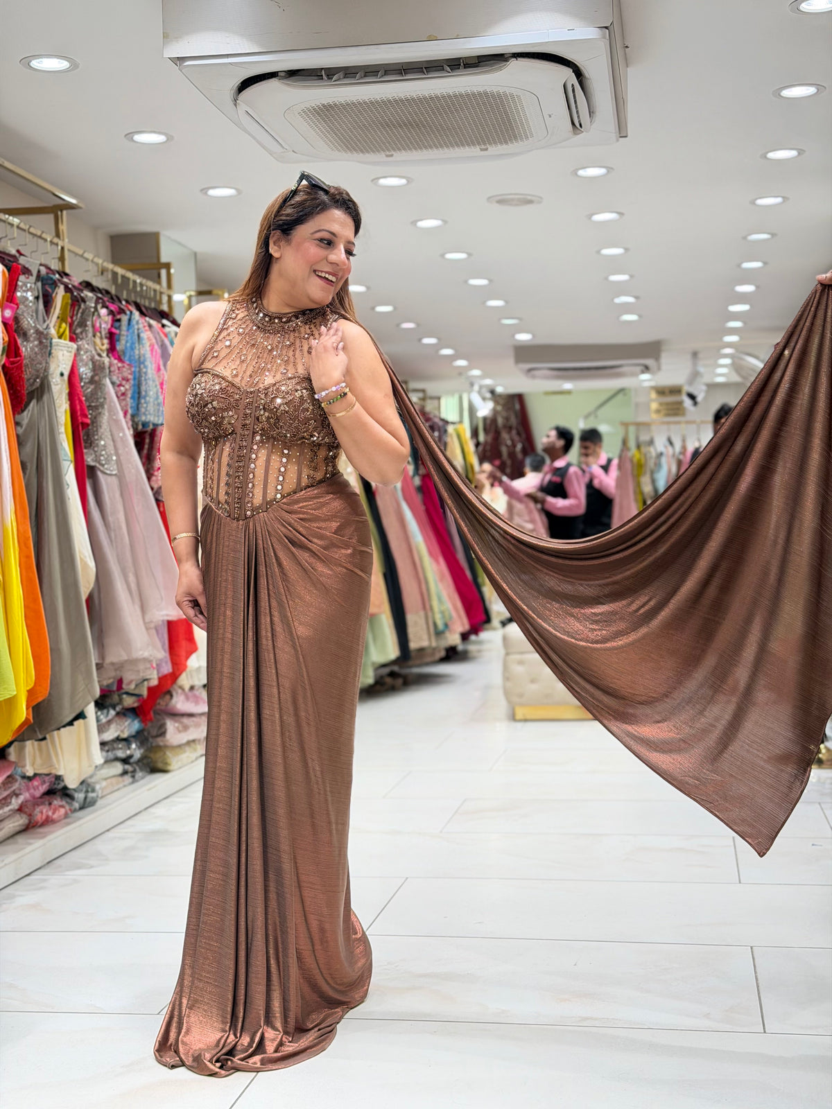 Metallic Bronze Embellished Corset Pre-Draped Saree Gown