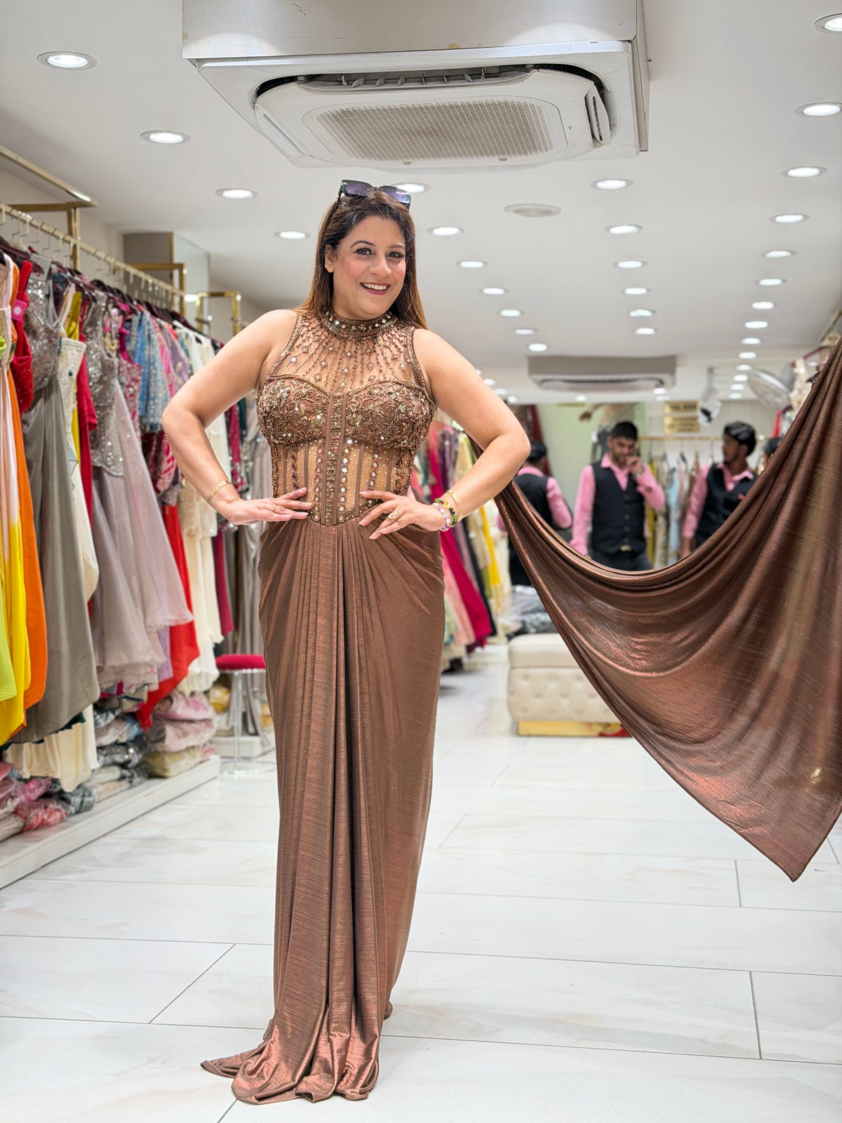 Metallic Bronze Embellished Corset Pre-Draped Saree Gown