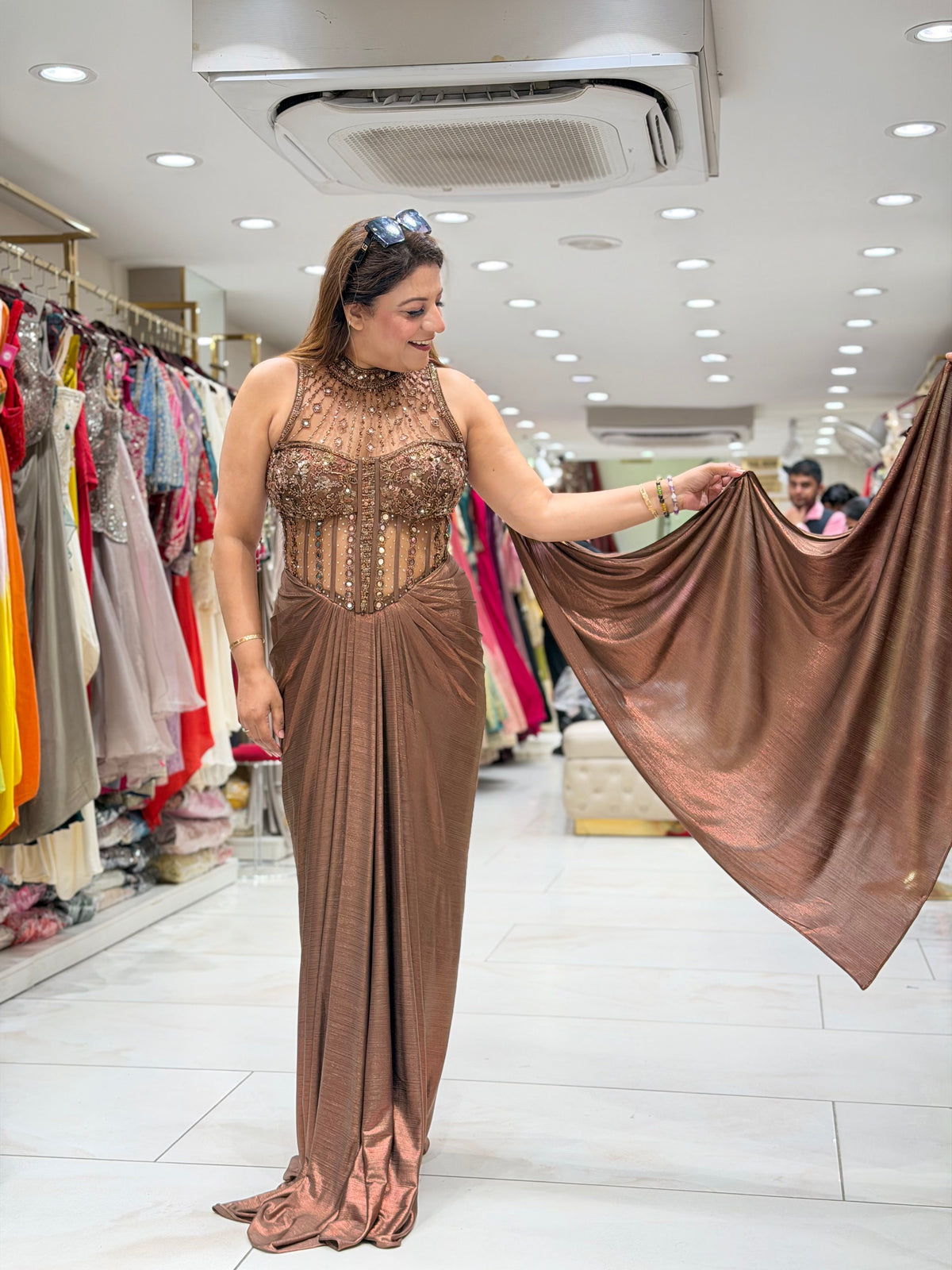 Metallic Bronze Embellished Corset Pre-Draped Saree Gown