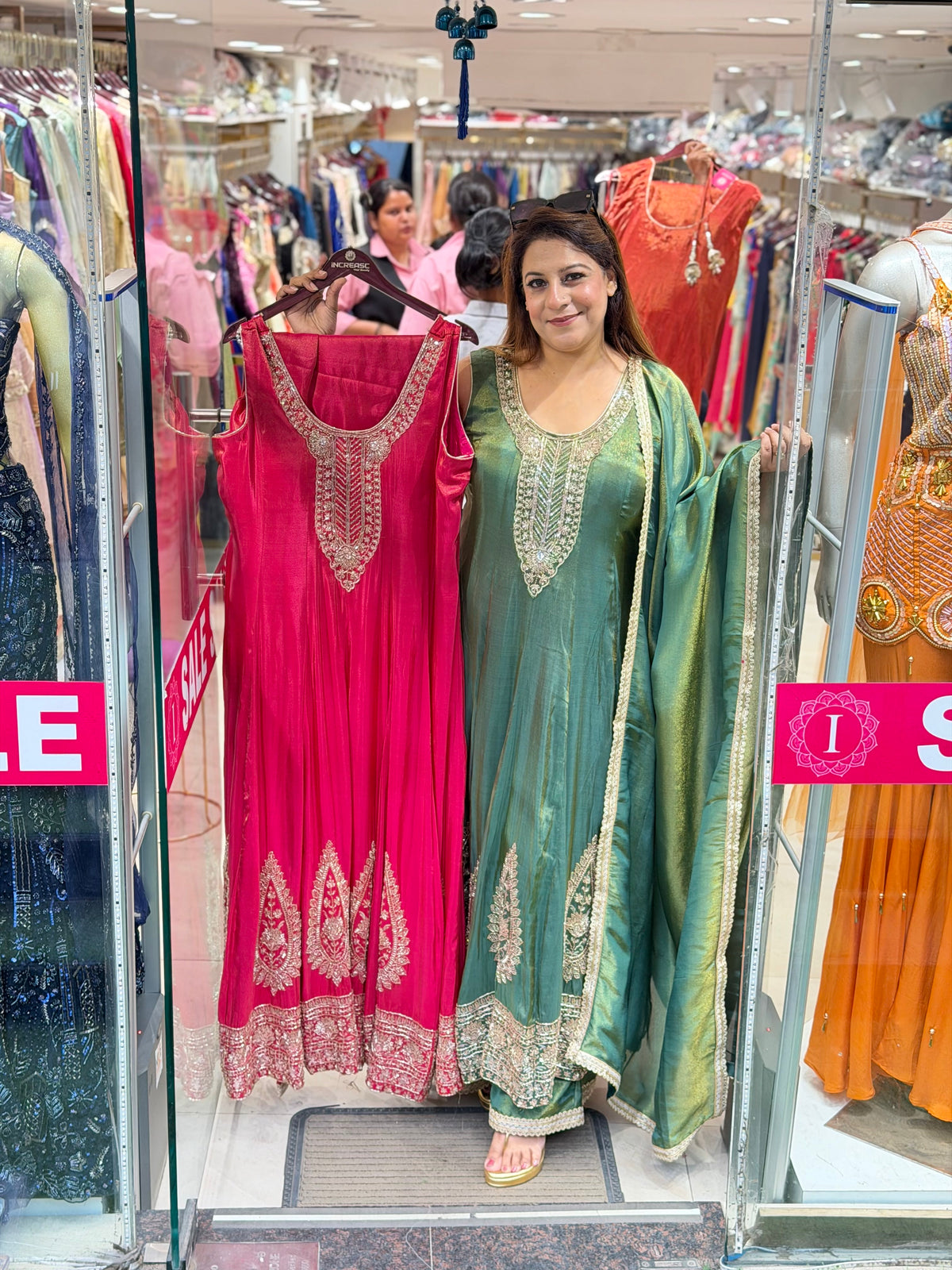 Olive Green Embroidered Tissue Anarkali Suit Set | Increase Fashion