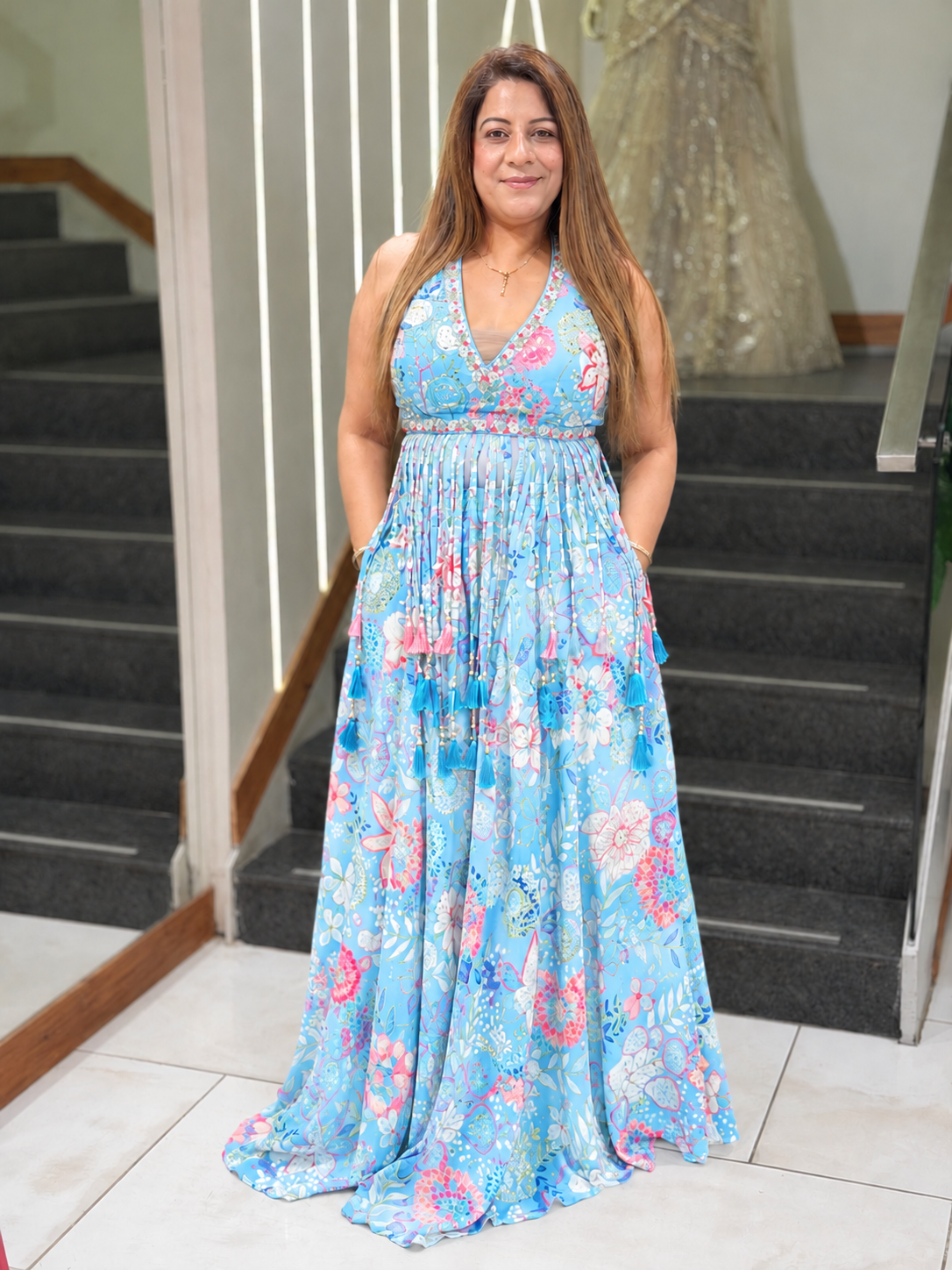Floral Printed Halter Neck Anarkali Indo-Western Dress with Tassels