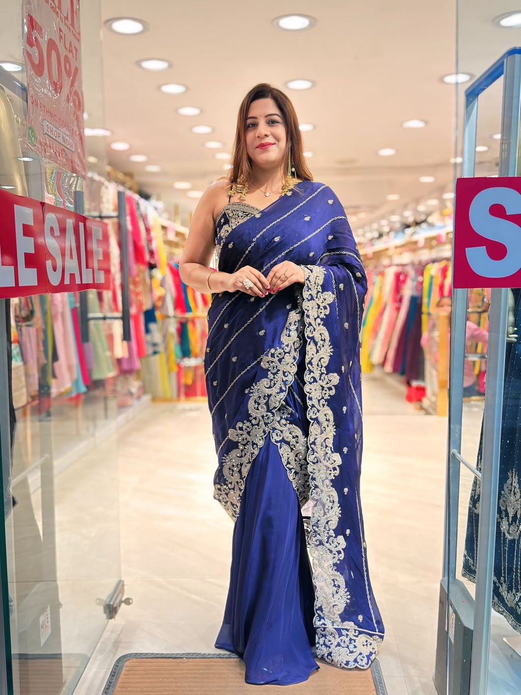 Royal Charm: Blue Drape Chinon Saree