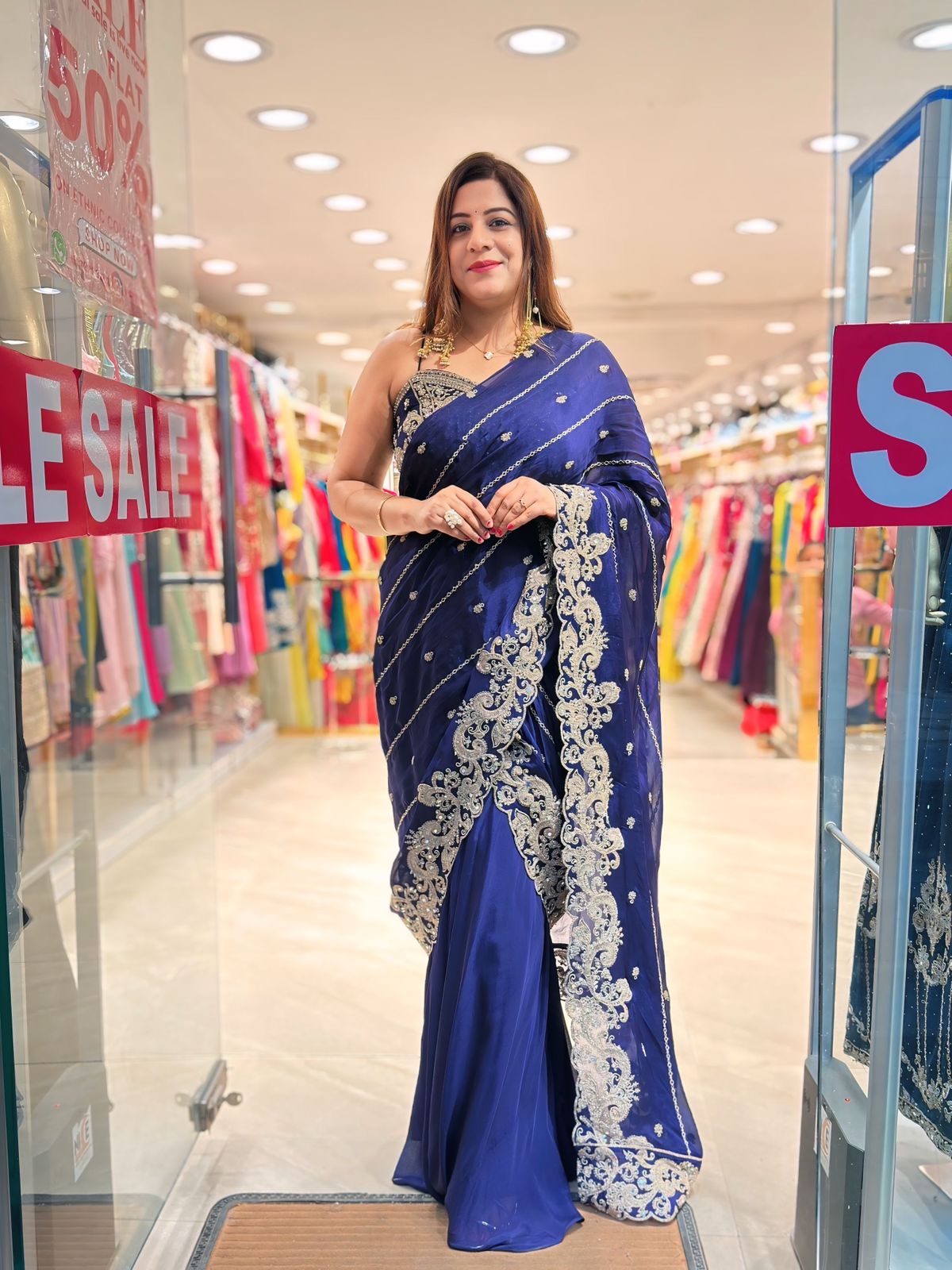 Royal Charm: Blue Drape Chinon Saree