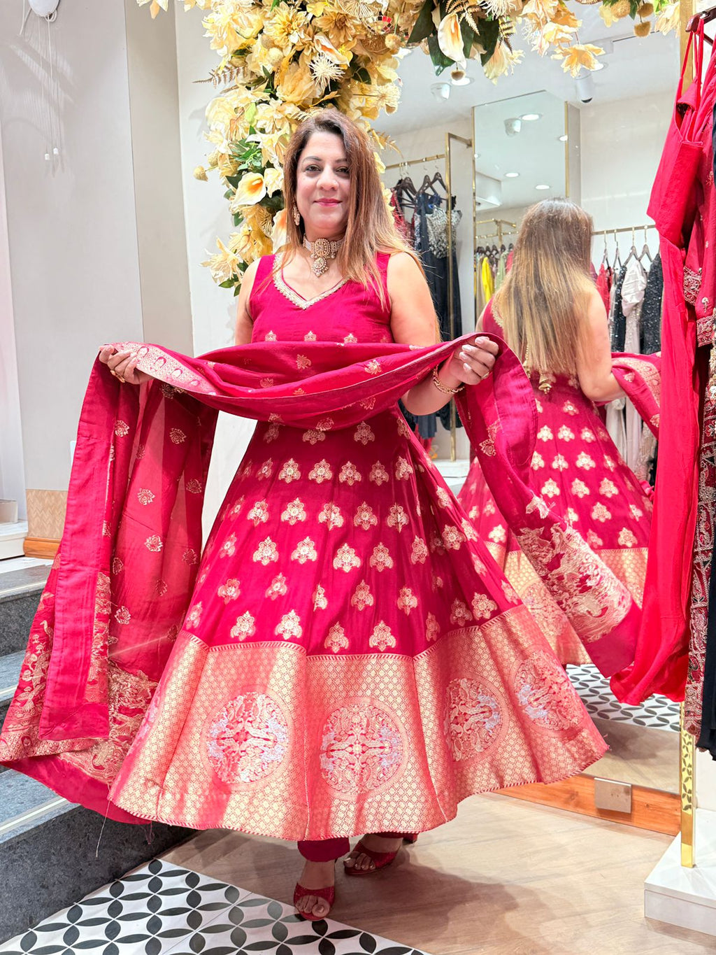 Buy Women’s Readymade Organza Suit Set with Banarasi Dupatta