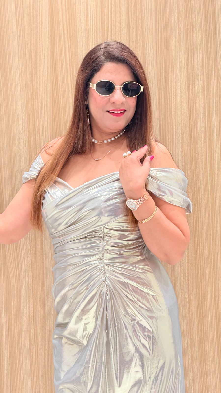 Metallic Pleated Satin Maxi Dress for Women