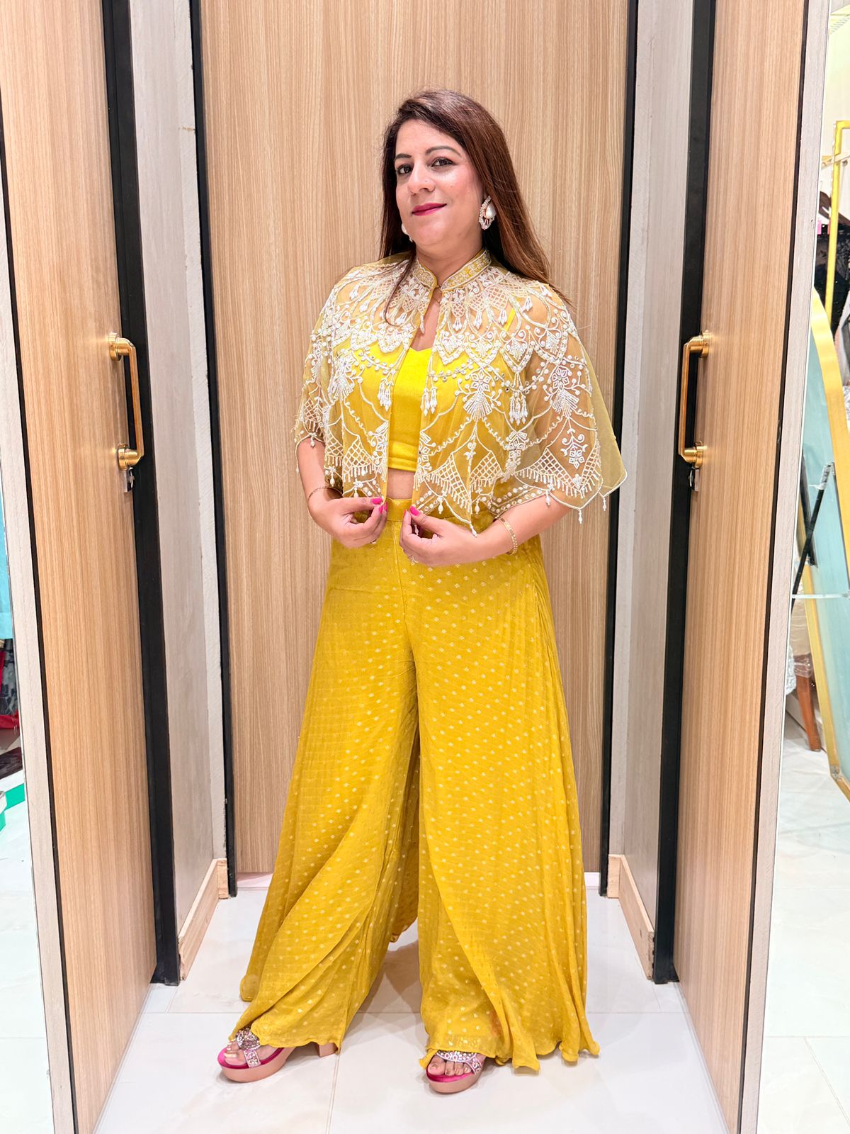 Mustard Embellished Crop Top & Palazzo Set with Short Shrug