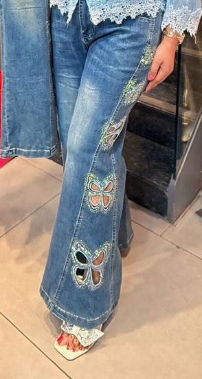 Butterfly cutwork embellished denim jeans