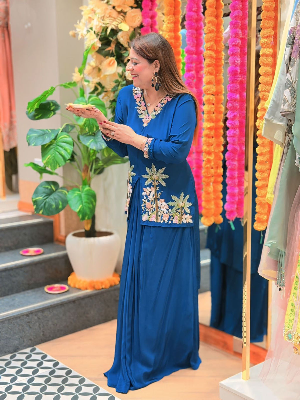 Buy Navy Blue Threadwork Satin Readymade Salwar Suit