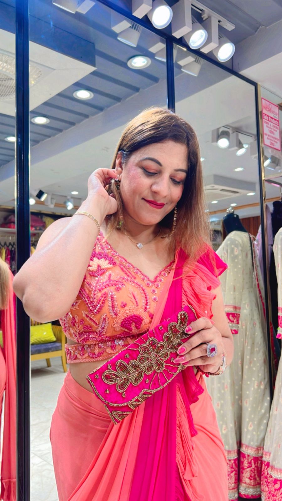 Designer Ruffle Saree Gown in Coral and Pink Color