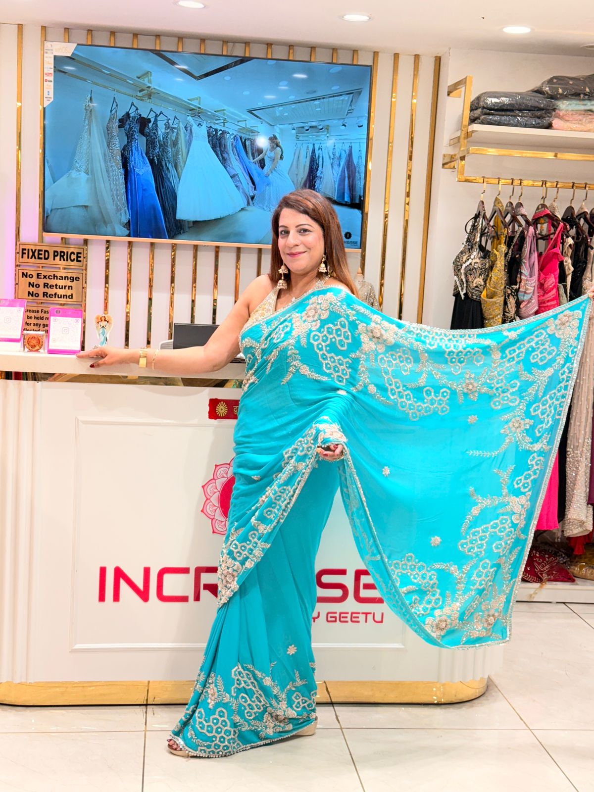 Turquoise Blue Chinon Georgette Saree with Heavy Handwork