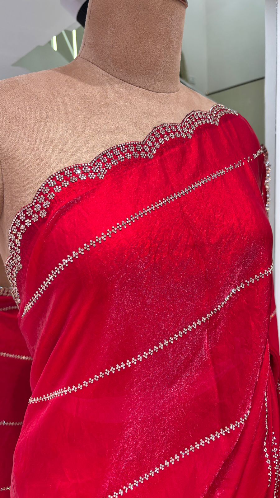Decorative Red Silk Jimmy Choo Saree with Silver Embroidered Border