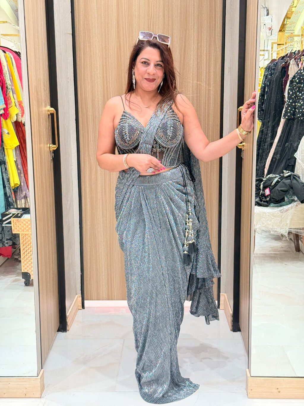 Buy Silver Grey Drape Saree for Women