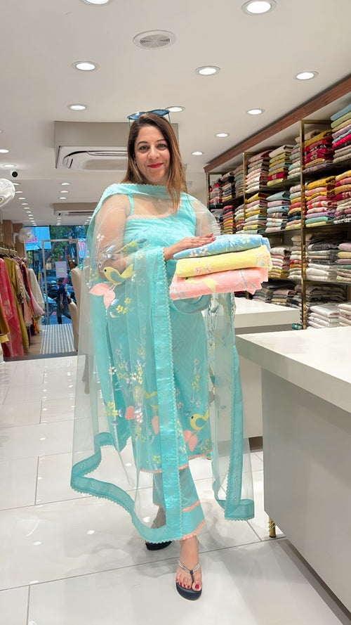 Aqua Blue Floral Embroidered Suit with Sheer Dupatta