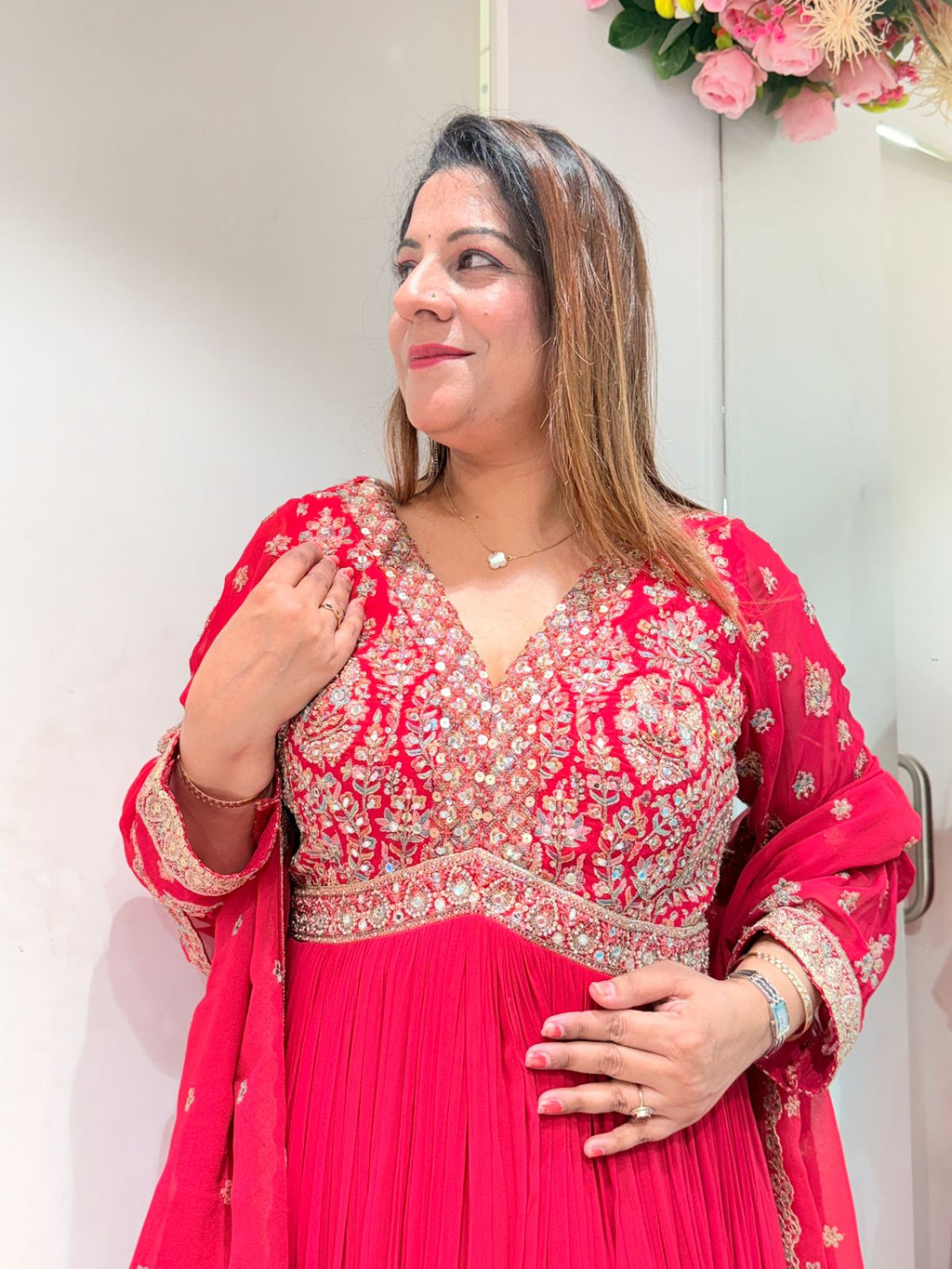 Red Embroidered Anarkali Set for Women