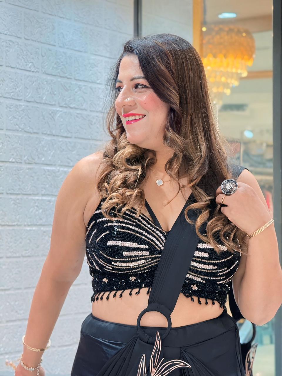 Designer Black Satin Crepe Saree