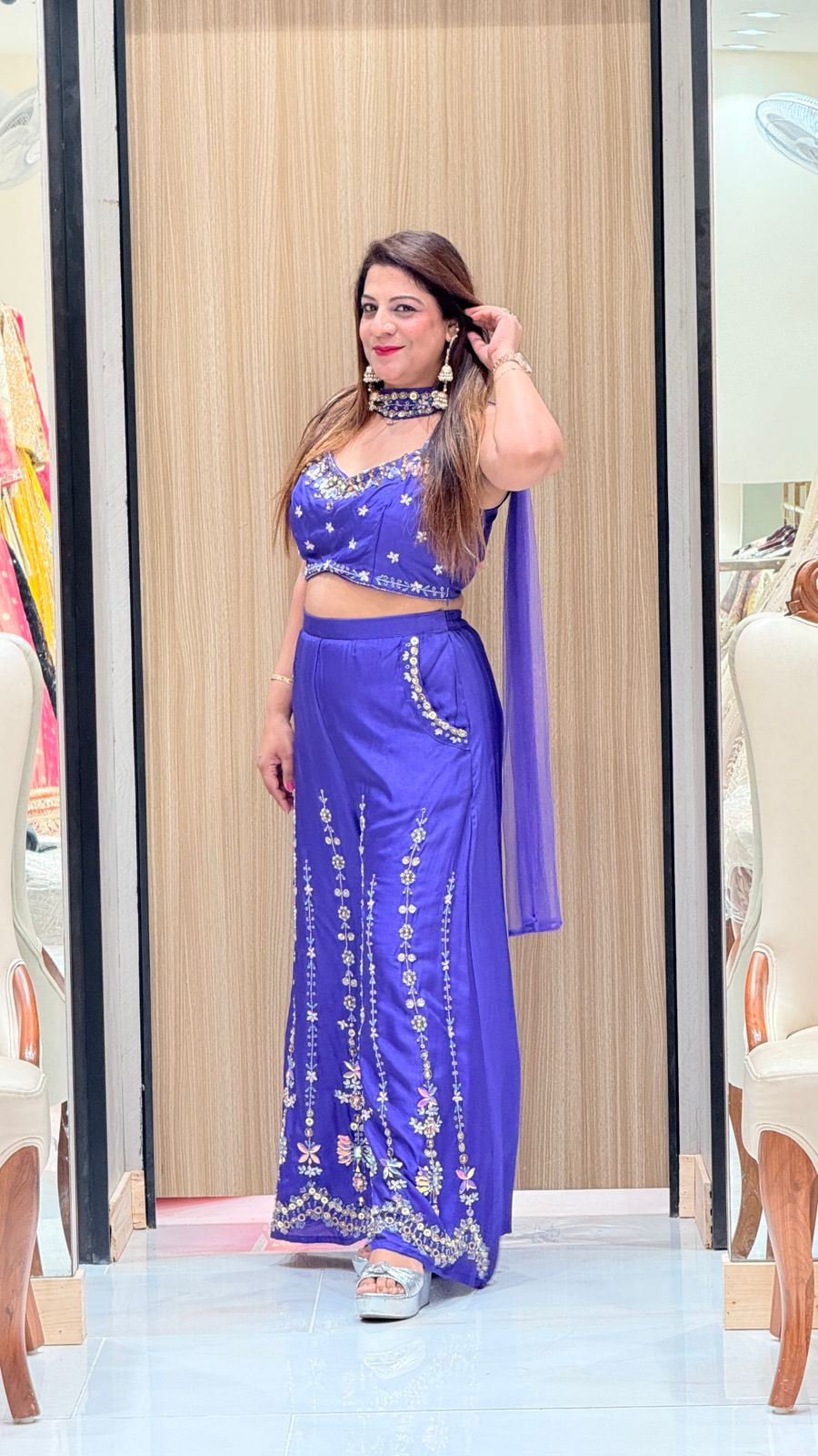 Purple Silk Embroidered Crop Top & Palazzo Set
