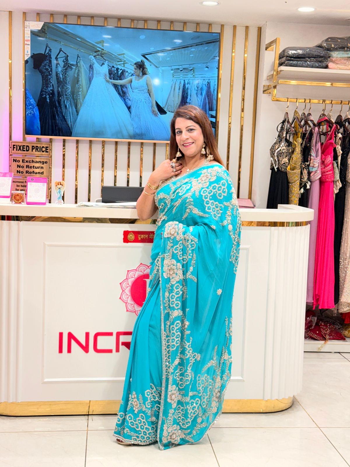 Turquoise Blue Chinon Georgette Saree with Heavy Handwork