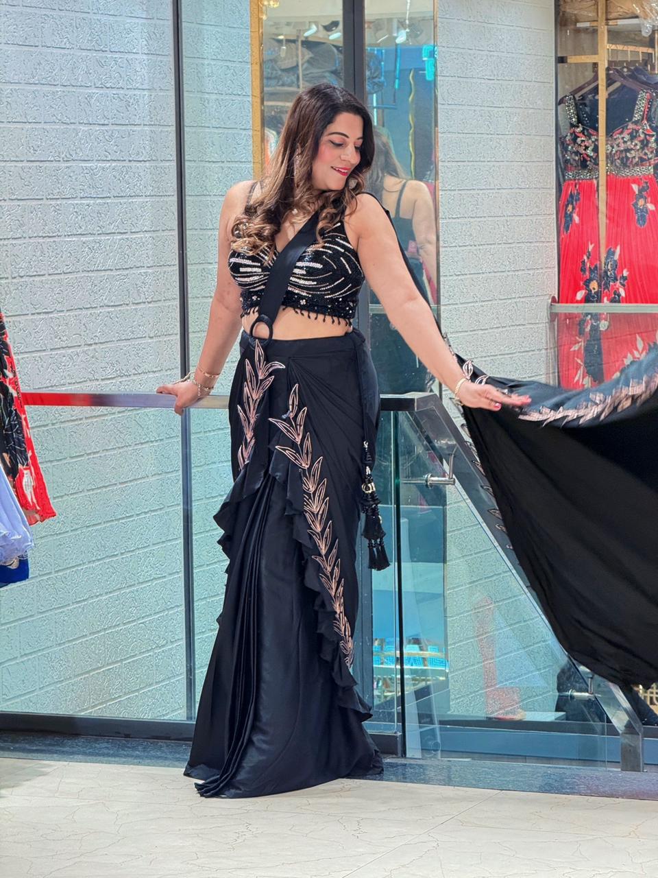 Designer Black Satin Crepe Saree