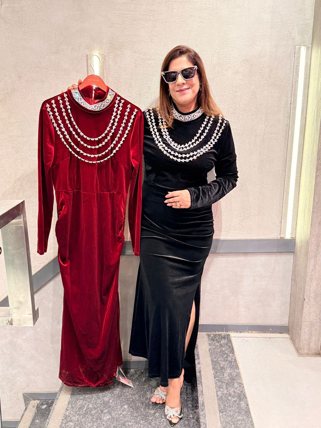 Stretch Velvet Crystal Embellished Long Sleeve Maxi Dress