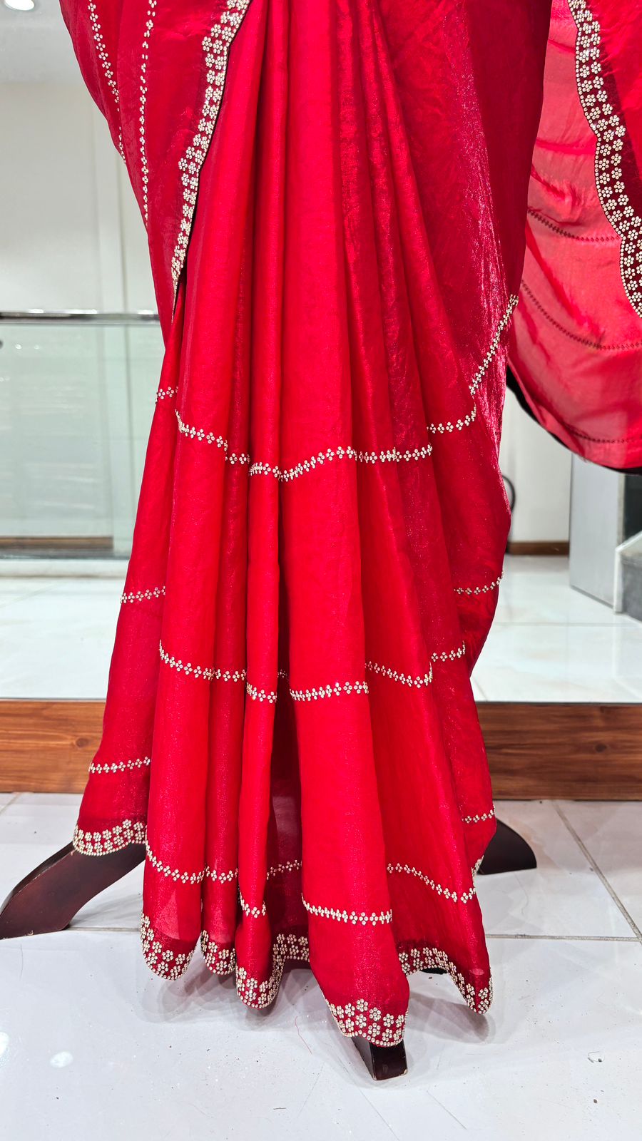 Decorative Red Silk Jimmy Choo Saree with Silver Embroidered Border