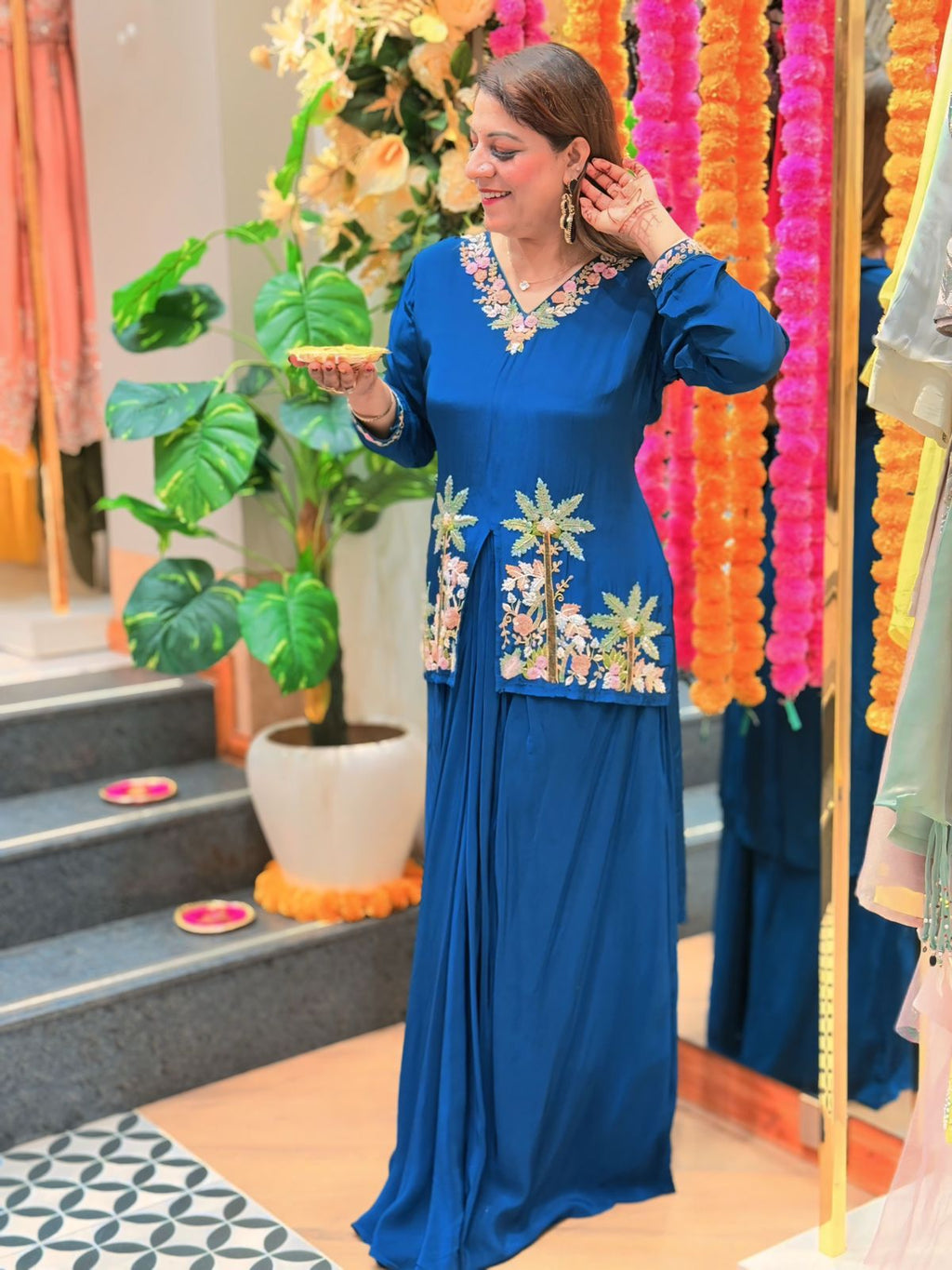 Buy Navy Blue Threadwork Satin Readymade Salwar Suit