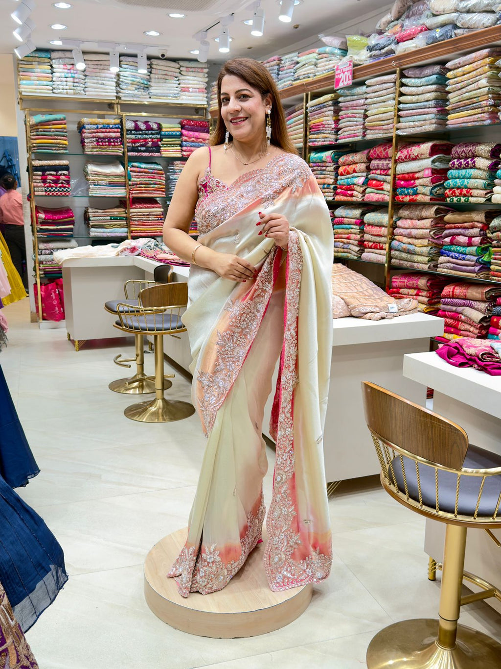 Light Cream Imported Fabric Wedding Wear Saree