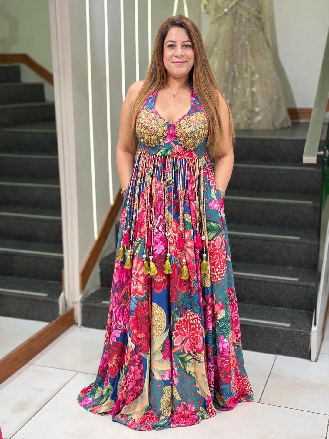 Floral Printed Halter Neck Anarkali Indo-Western Dress with Tassels | Increase Fashion