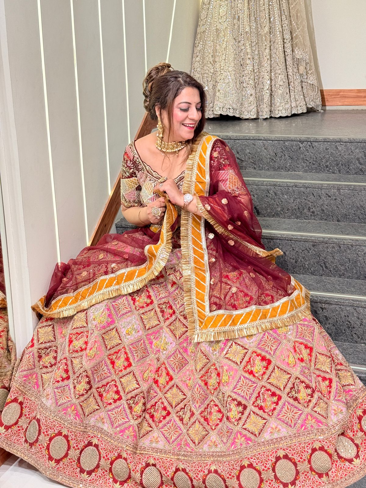 Golden Chinon Fabric Bridal Designer Lehenga Choli