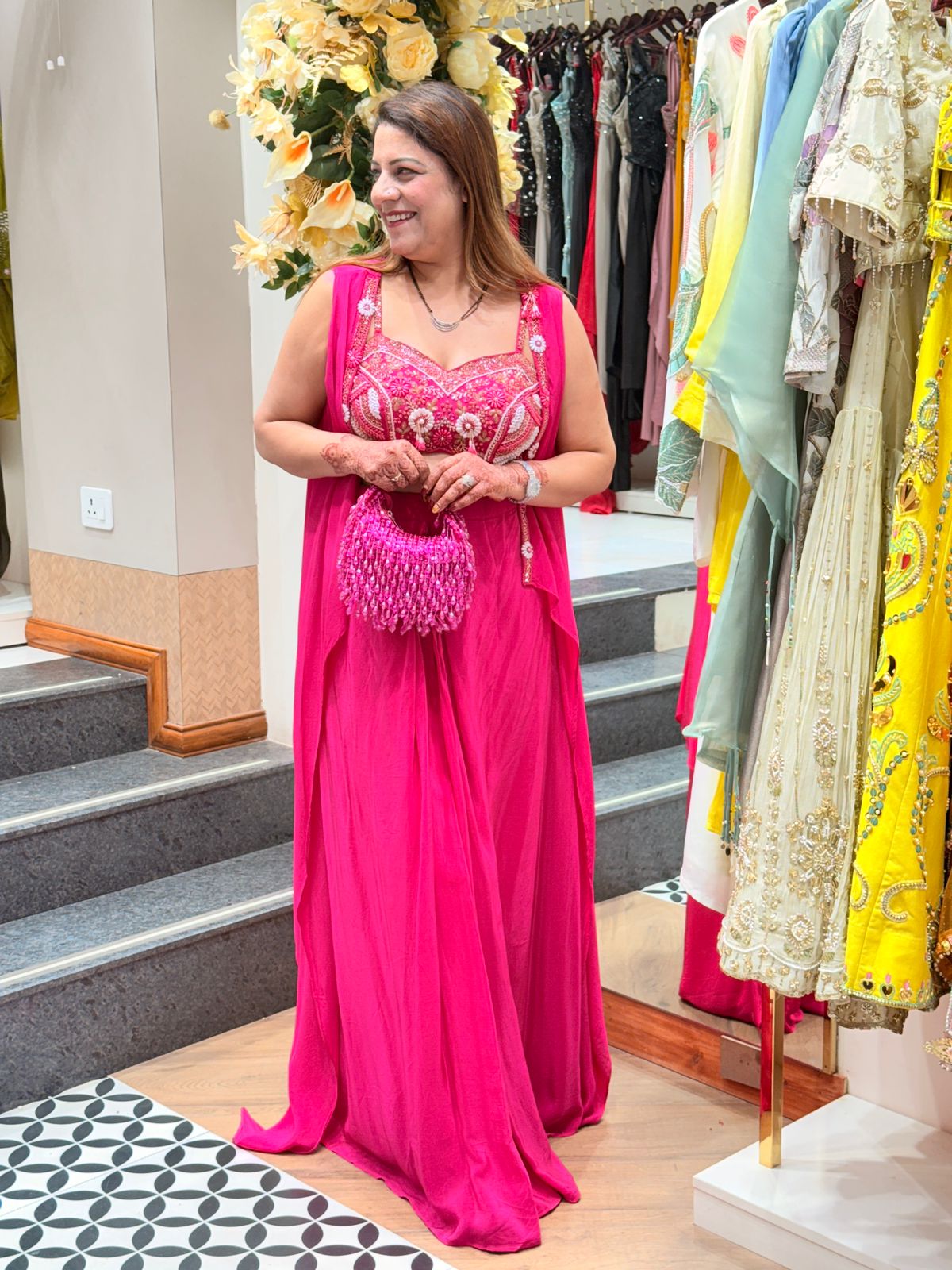 Pink Butterfly Sleeves Indo-Western Dress