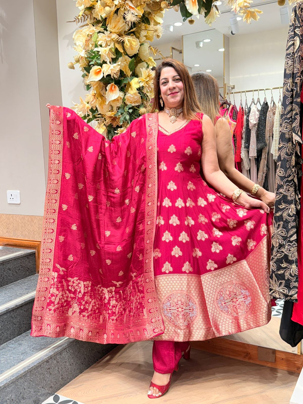 Buy Women’s Readymade Organza Suit Set with Banarasi Dupatta