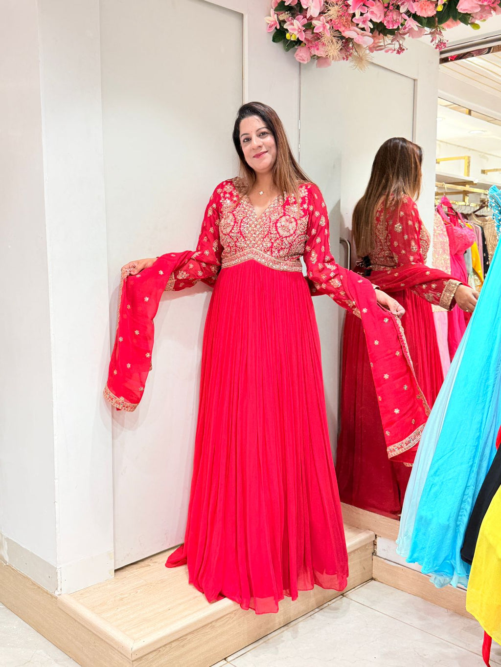 Red Embroidered Anarkali Set for Women